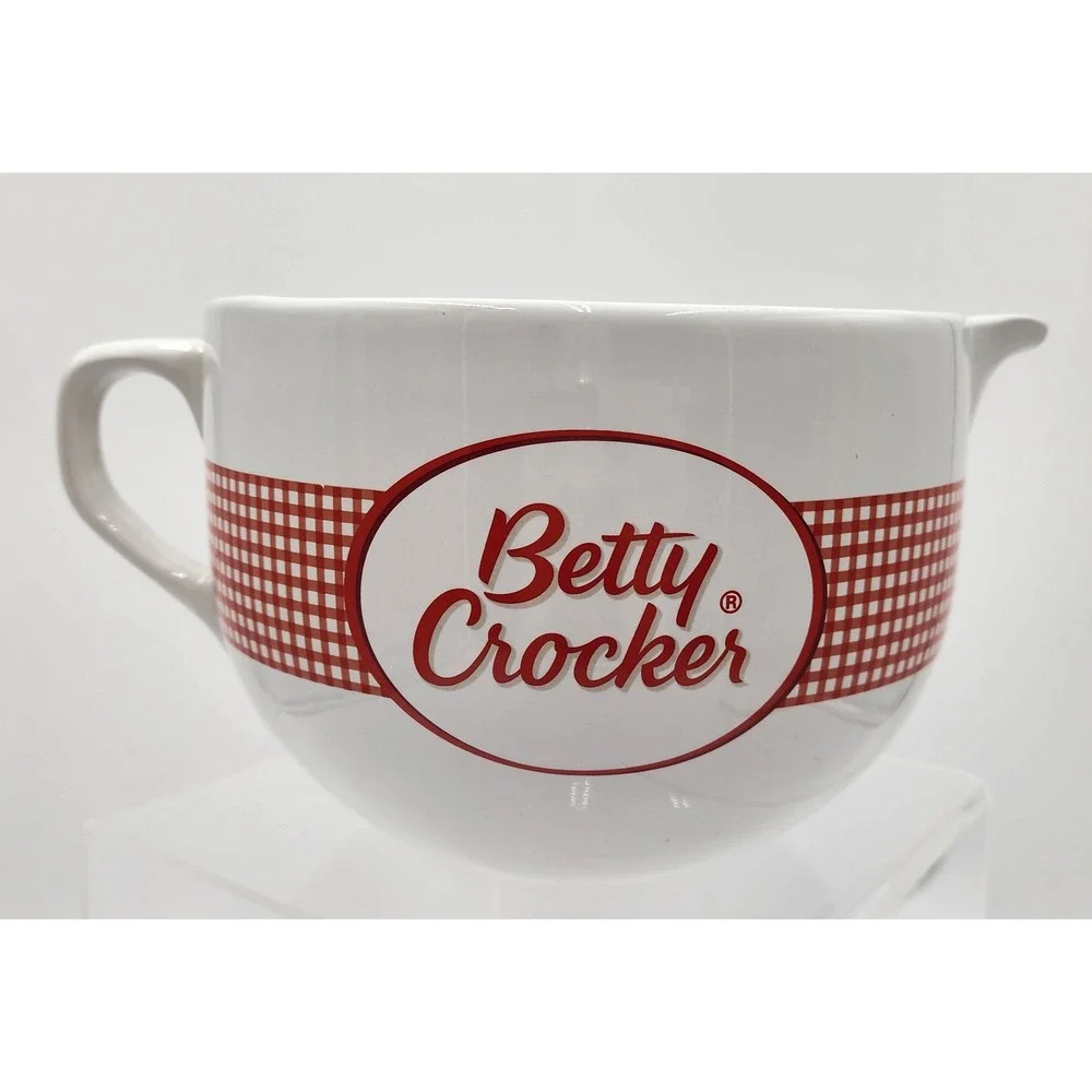 Betty Crocker Mixing Bowl Large White Red Gingham Ceramic Pour Spout Batter
